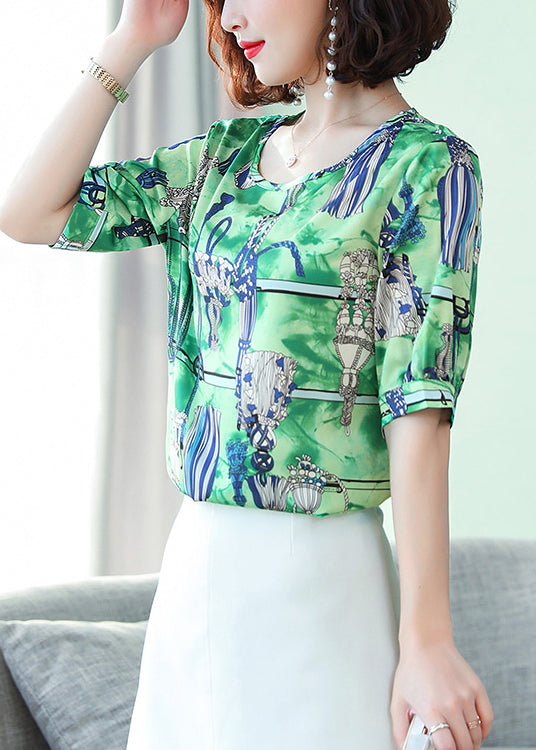 Fashion Green Oversized Print Silk Tanks Summer