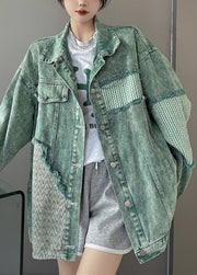 Fashion Green Peter Pan Collar Patchwork Denim Jacket Spring