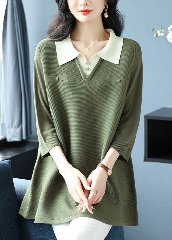 Fashion Green Peter Pan Collar Patchwork Ice Silk Tops Bracelet Sleeve