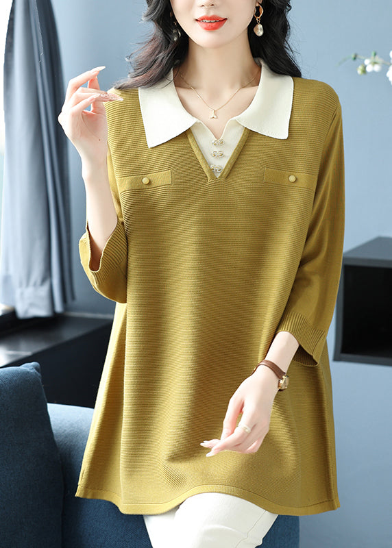 Fashion Green Peter Pan Collar Patchwork Ice Silk Tops Bracelet Sleeve