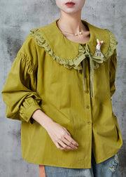 Fashion Green Peter Pan Collar Patchwork Lace Cotton Shirt Spring
