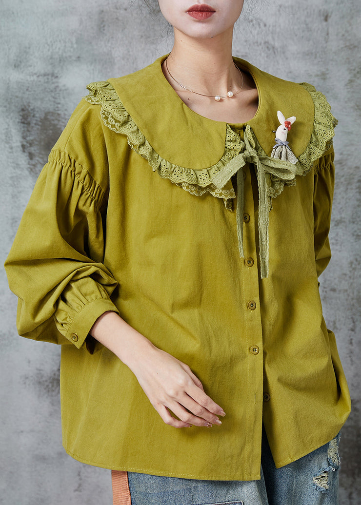 Fashion Green Peter Pan Collar Patchwork Lace Cotton Shirt Spring