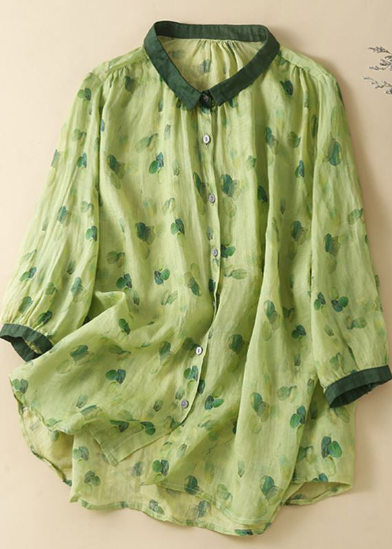 Fashion Green Peter Pan Collar Print Button Linen Shirts Long Sleeve