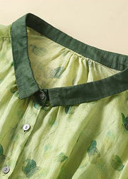 Fashion Green Peter Pan Collar Print Button Linen Shirts Long Sleeve