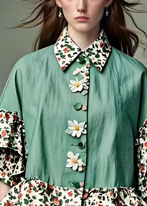 Fashion Green Peter Pan Collar Print Cotton Blouses Half Sleeve
