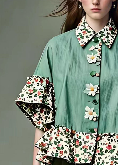 Fashion Green Peter Pan Collar Print Cotton Blouses Half Sleeve