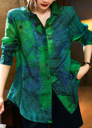 Fashion Green Peter Pan Collar Print Patchwork Cotton Shirts Long Sleeve