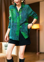 Fashion Green Peter Pan Collar Print Patchwork Cotton Shirts Long Sleeve