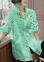 Fashion Green Peter Pan Collar Striped Chiffon Shirts Top Spring