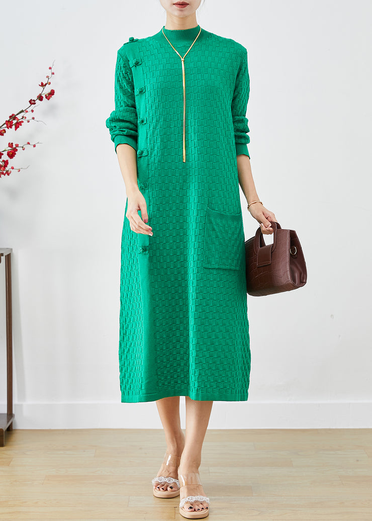 Fashion Green Plaid Chinese Button Knitwear Dress Winter