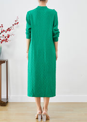 Fashion Green Plaid Chinese Button Knitwear Dress Winter