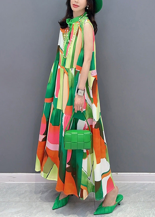 Fashion Green Print Button Vacation Maxi Dresses Sleeveless