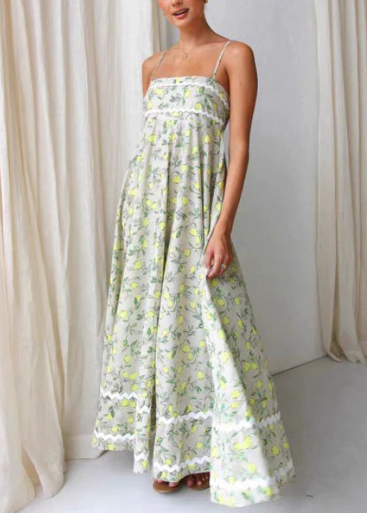 Fashion Green Print Patchwork Cotton Spaghetti Strap Dress Summer