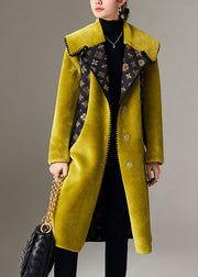 Fashion Green Print Pockets Faux Fur Woolen Coats Spring