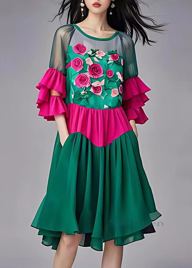 Fashion Green Print Tulle Patchwork Chiffon Mid Dress Butterfly Sleeve