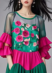 Fashion Green Print Tulle Patchwork Chiffon Mid Dress Butterfly Sleeve