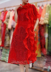 Fashion Green Ruffled Floral Embroideried Patchwork Tulle Dresses Summer