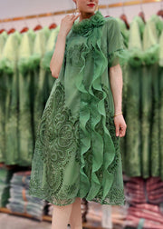 Fashion Green Ruffled Floral Embroidered Patchwork Tulle Dresses Summer