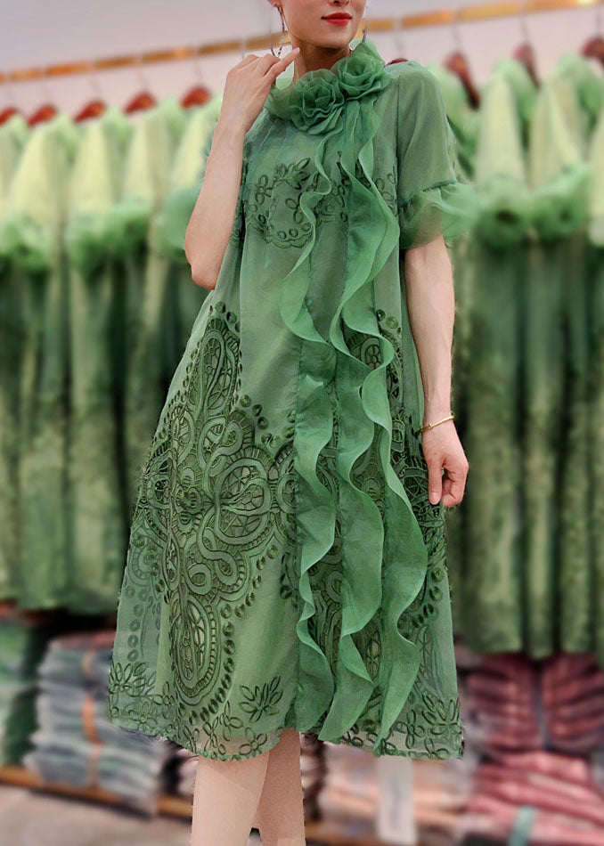 Fashion Green Ruffled Floral Embroideried Patchwork Tulle Dresses Summer