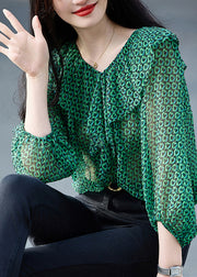 Fashion Green Ruffled Print Chiffon Top Bracelet Sleeve