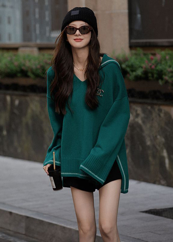 Fashion Green Sailor Collar Side Open Cozy Knitted Tops Spring