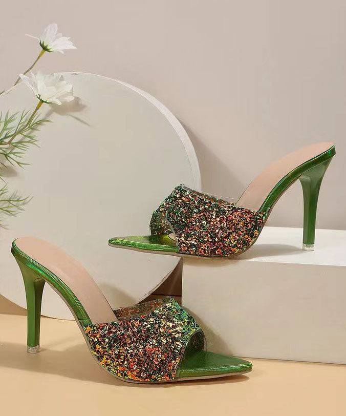 Fashion Green Sequins Splicing Stiletto High Heels Slide Sandals