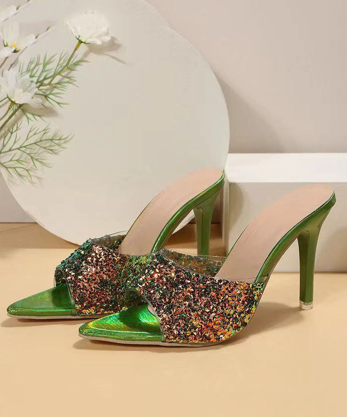 Fashion Green Sequins Splicing Stiletto High Heels Slide Sandals