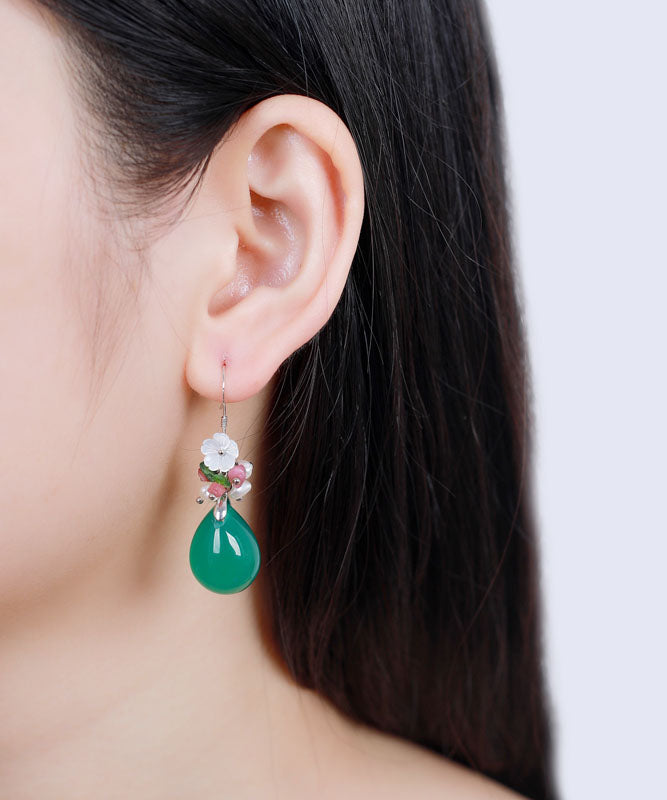 Fashion Green Silver Inlaid Shell Flower Chalcedony Pearl Drop Earrings