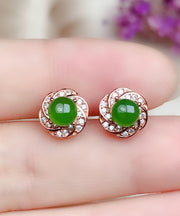 Fashion Green Silver Overgild Zircon Jade Stud Earrings