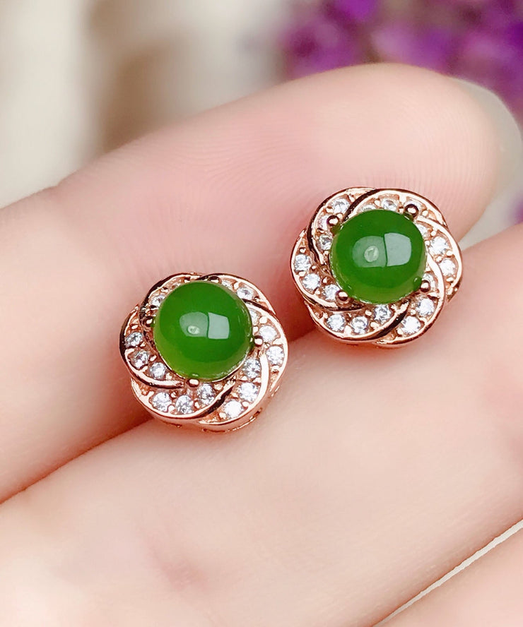 Fashion Green Silver Overgild Zircon Jade Stud Earrings