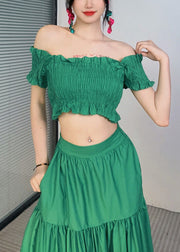 Fashion Green Slash Neck Ruffled Top And Maxi Skirts Two Piece Set Summer