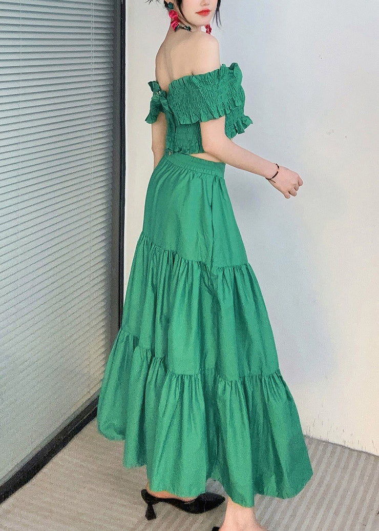 Fashion Green Slash Neck Ruffled Top And Maxi Skirts Two Piece Set Summer