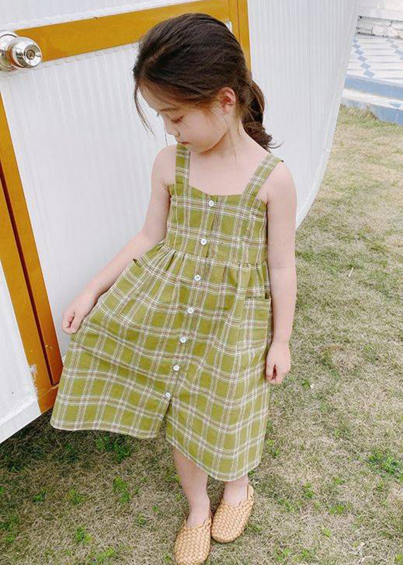 Fashion Green Square Collar Plaid Patchwork Button Girls Long Dress Sleeveless