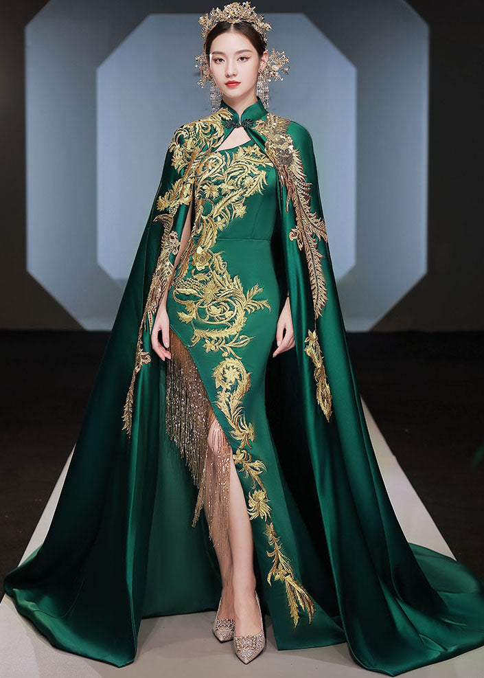 Fashion Green Stand Collar Embroidered Long Cloak And Dress Silk Two Pieces Set Long Sleeve