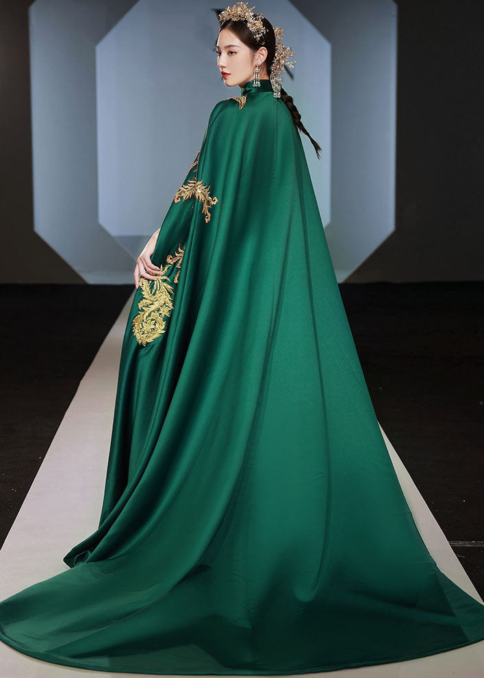 Fashion Green Stand Collar Embroidered Long Cloak And Dress Silk Two Pieces Set Long Sleeve