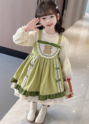 Fashion Green Stand Collar Print Girls Long Dresses Puff Sleeve