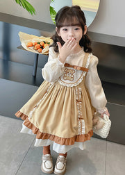 Fashion Green Stand Collar Print Girls Long Dresses Puff Sleeve