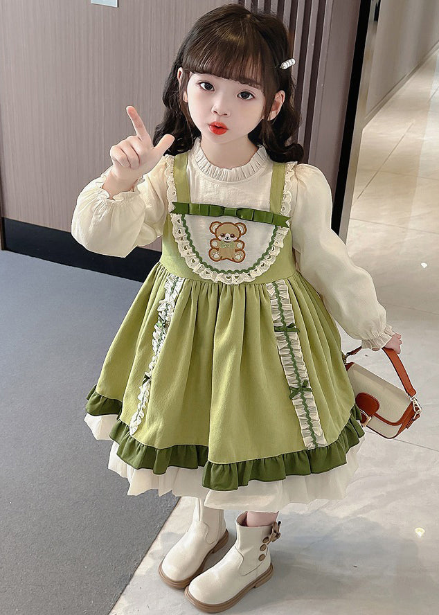 Fashion Green Stand Collar Print Girls Long Dresses Puff Sleeve