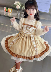 Fashion Green Stand Collar Print Girls Long Dresses Puff Sleeve