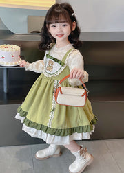 Fashion Green Stand Collar Print Girls Long Dresses Puff Sleeve