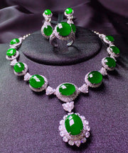 Fashion Green Sterling Silver Inlaid Zircon Chalcedony Pendant Necklace