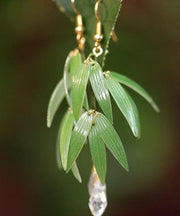 Fashion Green Sterling Silver Overgild Pearl Bamboo Leaf Drop Earrings