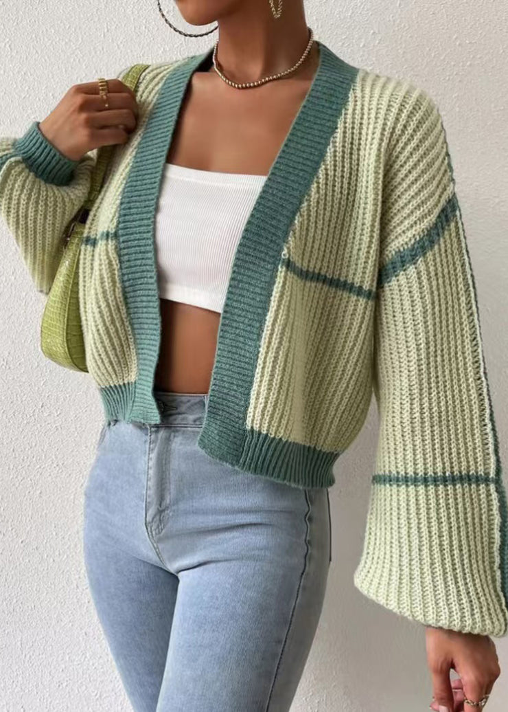 Fashion Green Striped Knit Short Cardigan Fall