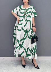 Fashion Green Striped Oversized Wrinkled Cotton Maxi Dresses Summer