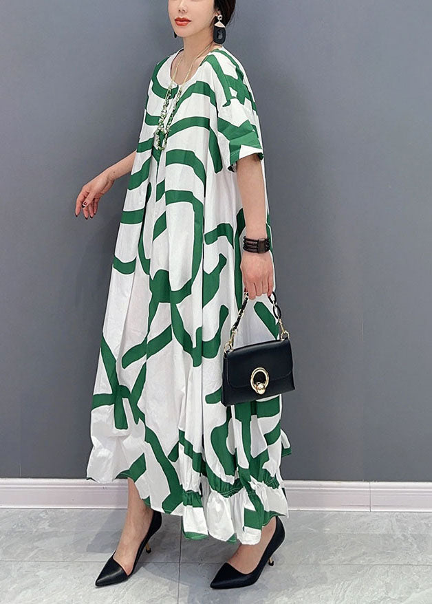 Fashion Green Striped Oversized Wrinkled Cotton Maxi Dresses Summer