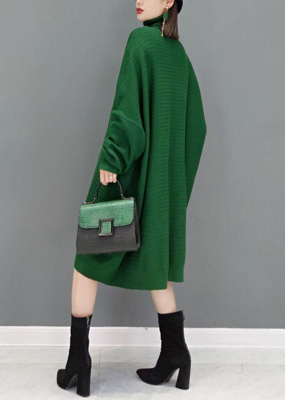 Fashion Green Turtleneck Knitted Sweater Dress Fall