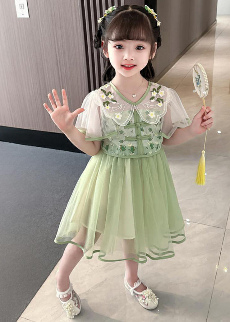 Fashion Green V Neck Embroideried Patchwork Tulle Girls Long Dresses Summer