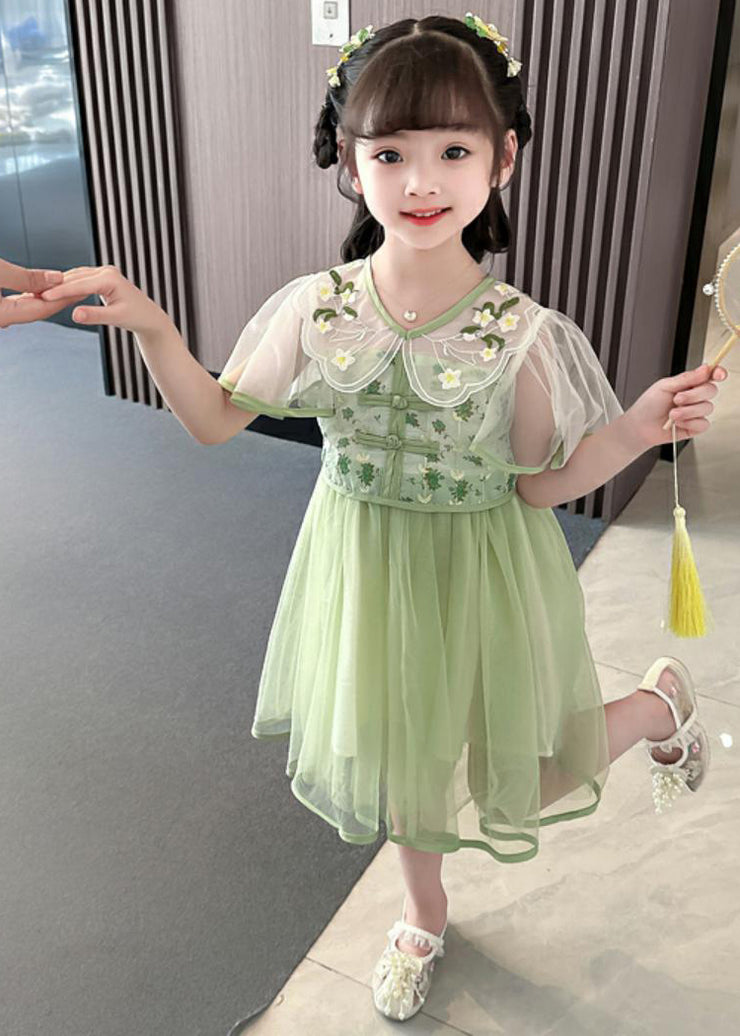 Fashion Green V Neck Embroideried Patchwork Tulle Girls Long Dresses Summer