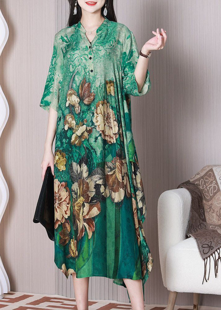 Fashion Green V Neck Oversized Print Silk A Line Dress Half Sleeve