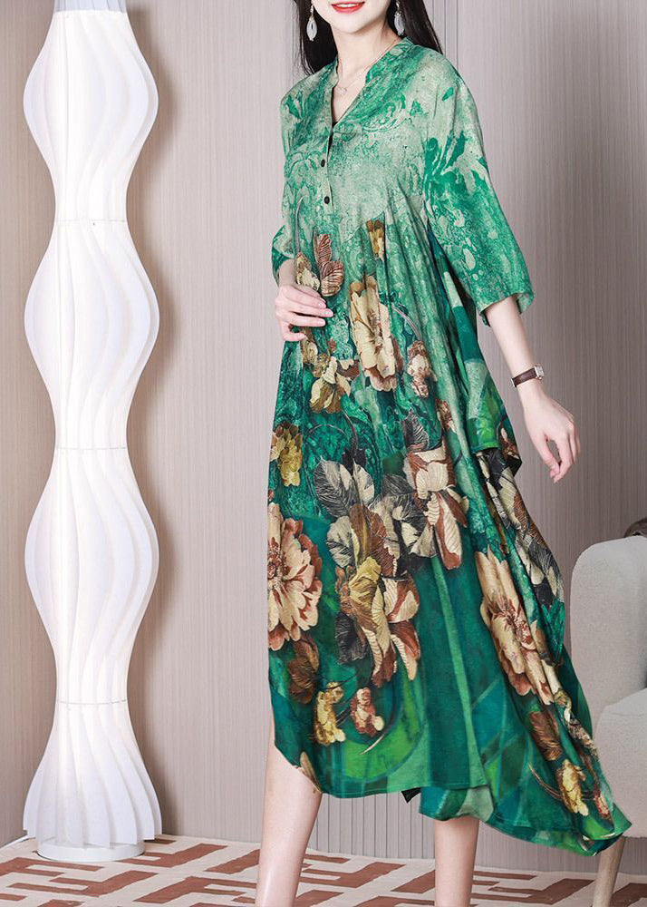 Fashion Green V Neck Oversized Print Silk A Line Dress Half Sleeve